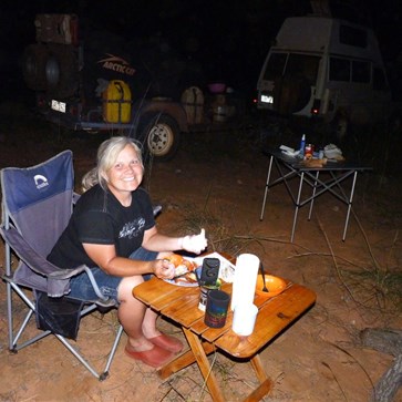 Gaby tucking into the catch of the day