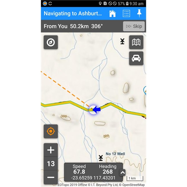 Offline navigation shows current location (blue arrow)