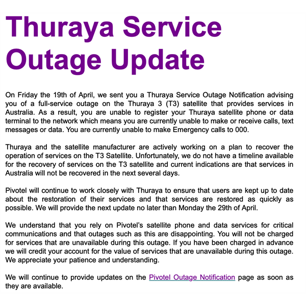 Thuraya Outage notice