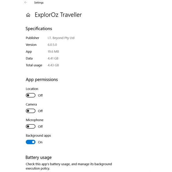 Win 10 app settings-->EO Traveller-->advanced