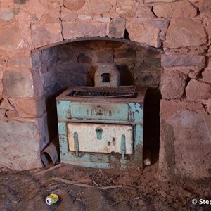 The old wood stove is still in the ruin