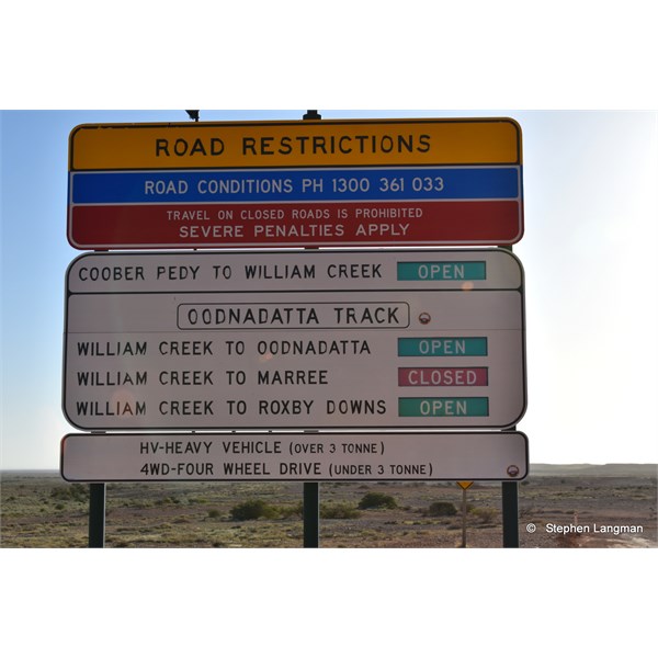 William Creek to Marree closed at Coober Pedy