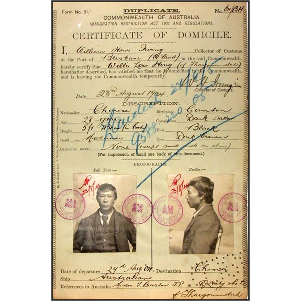 Willie Low Hing Certificate of Domicile