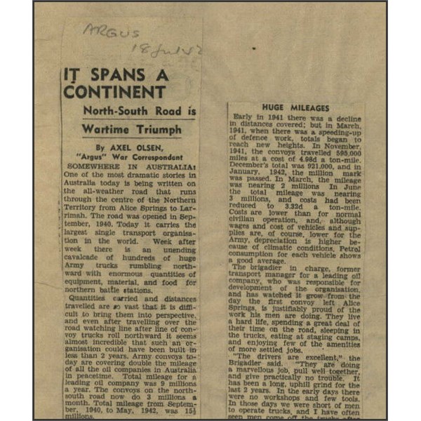 Argus News report Stuart Hwy 1942 part 1