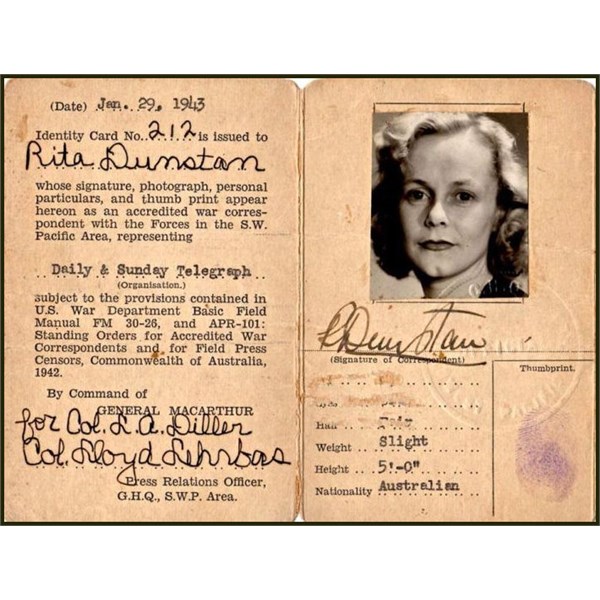 Australian War correspondent Rita Dunstans accreditation