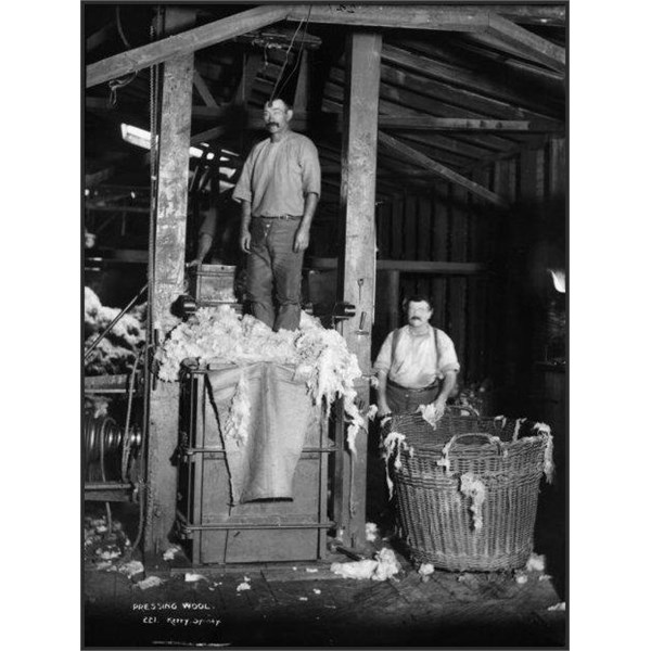 A hand operated wool press in action, circa 1900