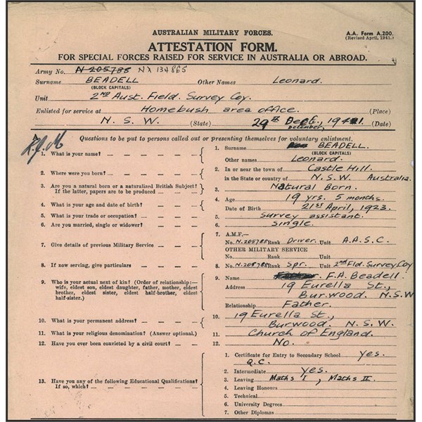 BEADELL LEONARD Service Number - NX134865, Attestation Form, top half