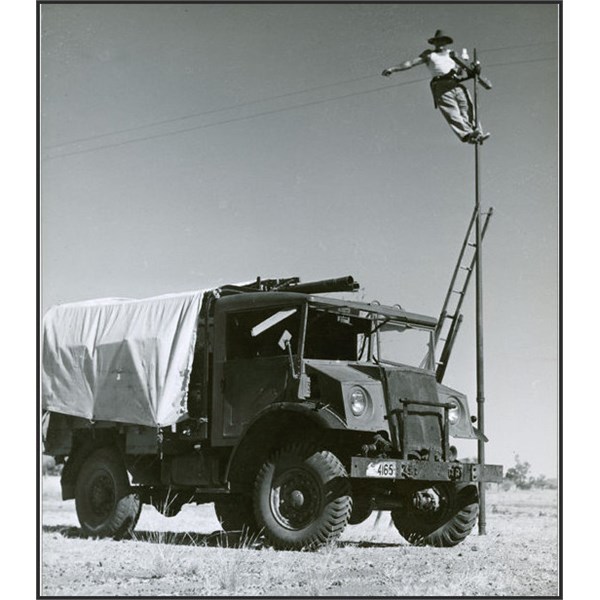 Linesman Albert Shorter at work on telegraph line Halls Creek to Wyndham 1948