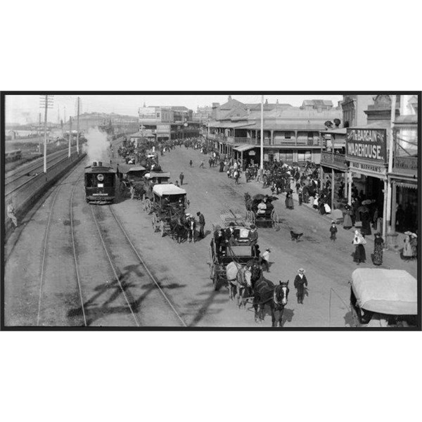 A steam tram on Scott Street, Newcastle East, turn of last century