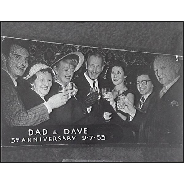 The George Edwards Players celebrate the 15th anniversary of the Dad and Dave radio serial in 1953.