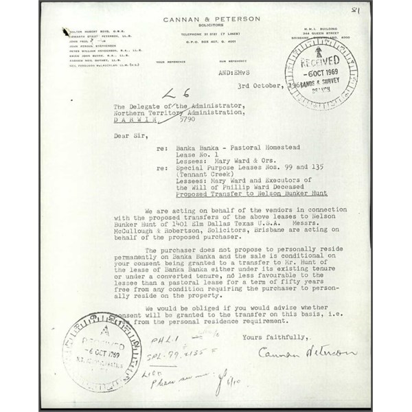 Transfer of Banka Banka leases to Nelson Bunker Hunt, USA 1969