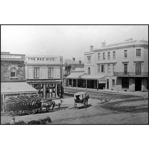 Bee Hive Corner, north east corner of Rundle and King William Streets, c1866