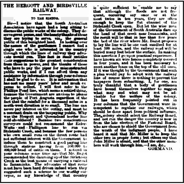 Hergott to Birdsville - proposed railway Adelaide Advertiser May 1885