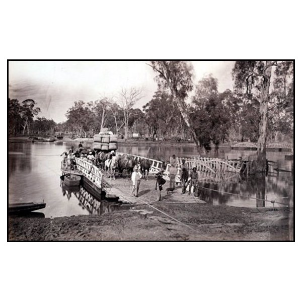 A wagon using Hopwood's punt to cross the Murray at Echuca about 1875