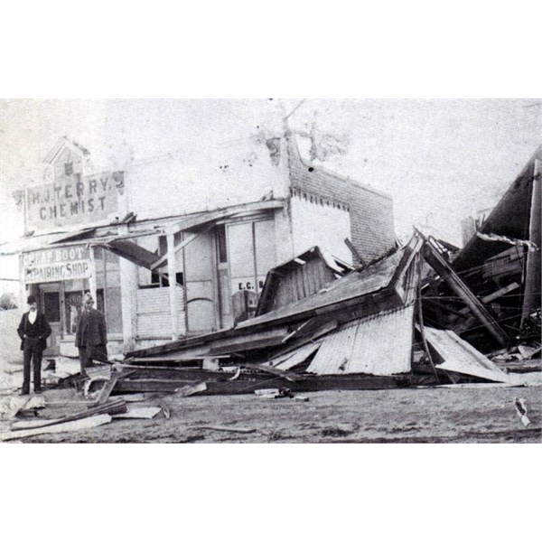 Terrys chemist , Bree's boot shop, and the remains of the Farmers Arms billiard room.