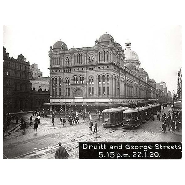 Trams on George Street in front of the QVB