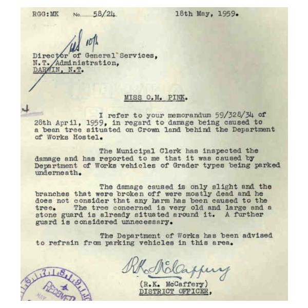 Letter about a Sturt Bean Tree reply