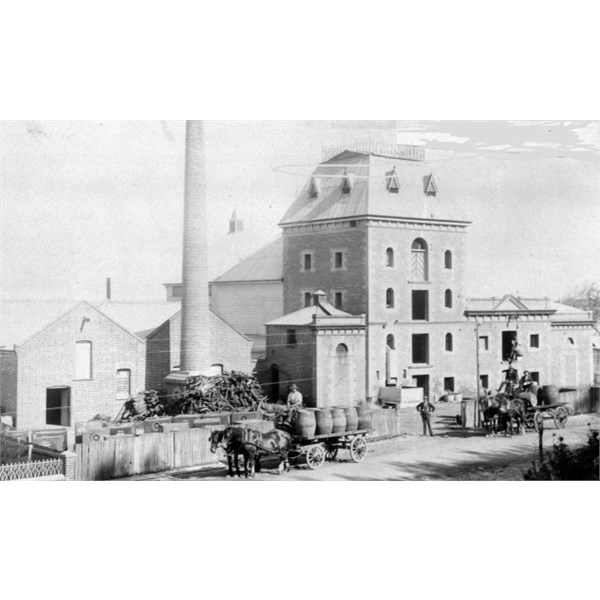 Exterior view of the Old Swan Brewery in 1897.