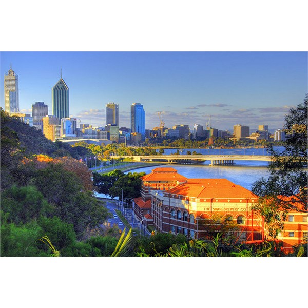 The Old Swan Brewery on the banks of the Swan River with Perth in the background