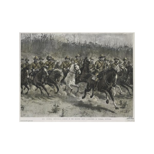 A Company of the Victorian Mounted Rifles on manoeuvres in Victoria in 1889.