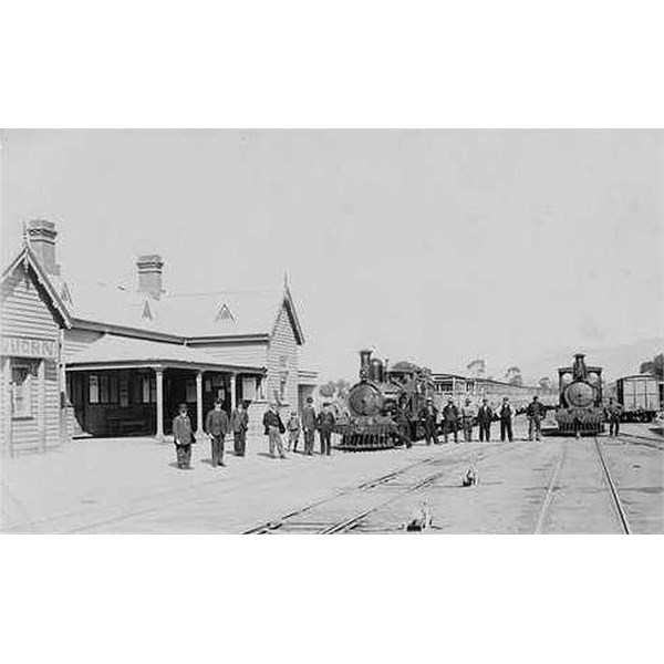 Two trains in front of the old Quorn railway station building, ca. 1910