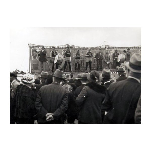 Jimmy Sharmans boxing tent, outside display at Ballarat, Victoria, 1934