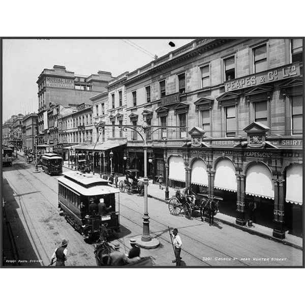 Early model electrified trams on George Street near Hunter Street