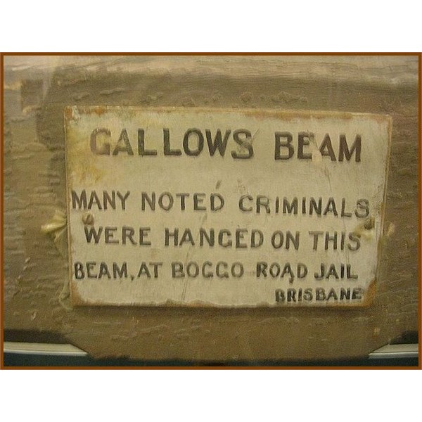 Plaque on gallows beam used at Boggo Road Gaol