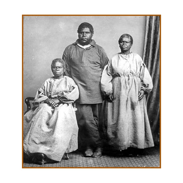 Truganini, William Lanney,(King Billy) and Bessie Clark, the last three tribal people of Tasmania, at Oyster Bay, in 1866.