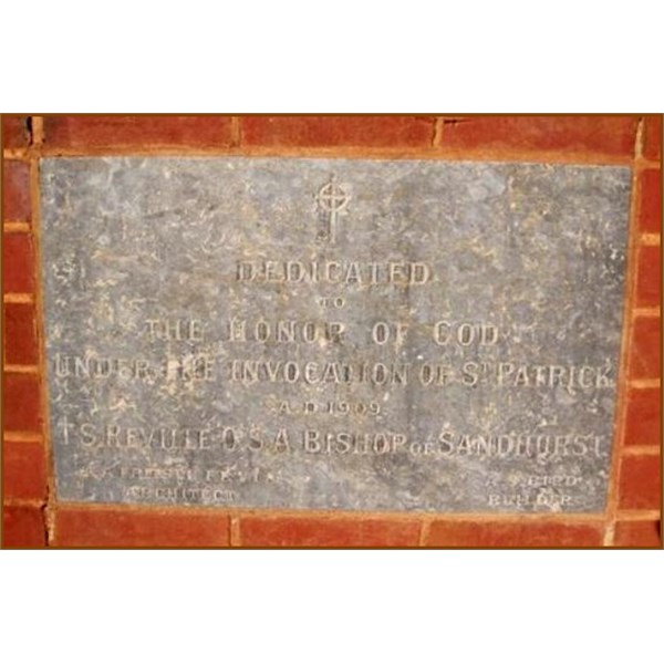 Plaque on St Patrick's Catholic Church