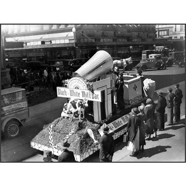 Black and White 4d milk bar float in a procession in Sydney, 1934