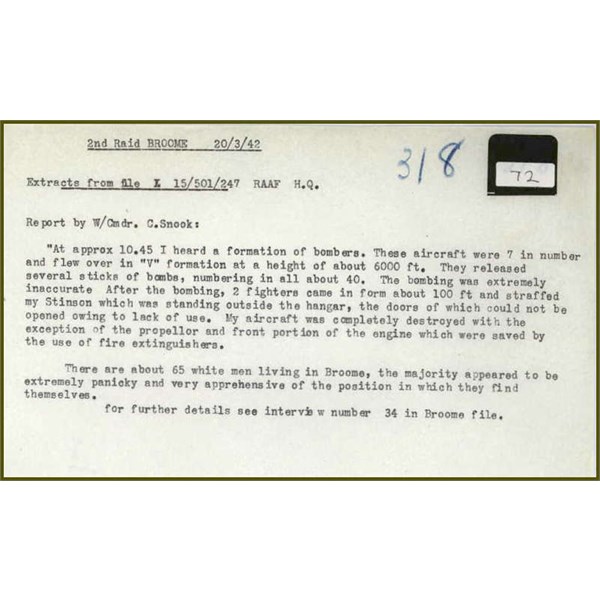 Second raid Broome, 20 March 1942 - report by Wing Commander C Snook