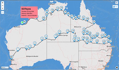 ExplorOz Traveller Tracker map showing the route travelled to date during the ExplorOz 2026 Field Mapping Trip.