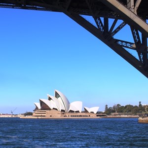 Sydney Opera House viewed under the Sydney Harbour Bridge