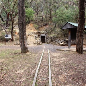 Timber trolley tracks lead to the mine entrance