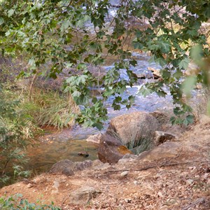 View over fence at picnic area to stream below dam wall