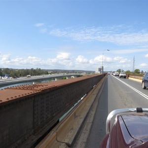Southbound on the old, new bridge on left
