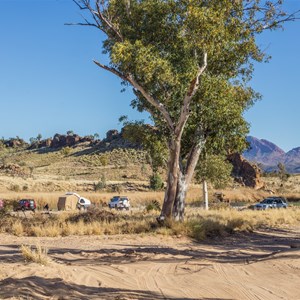 View of camps along the river, Mt Sonder in background