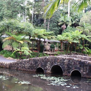 Stone foot bridge and shelters at the Botanical Gardens 