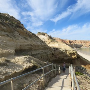Cliff geology beside access ramp and steps
