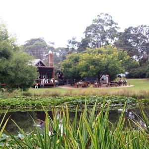 The restaurant viewed over the water storage dam