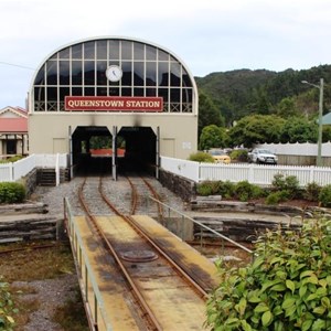 The renovated station for the West Coast Wilderness Railway showing the locomotive turntable.