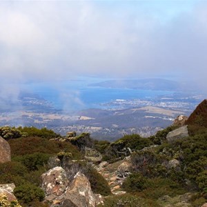 A partially cloud obstructed view of Hobart