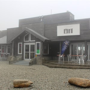 Licensed restaurant at the summit on a foggy day.