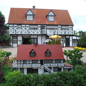 The rear of the main building with a miniture replica