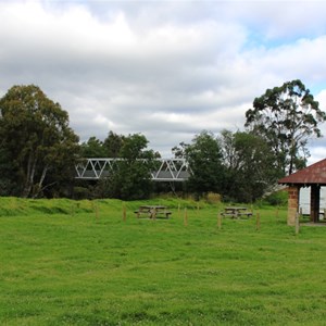 The picnic shelter and foot bridge to Rosedale